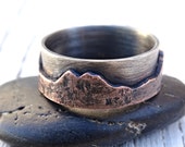 rustic mountain range ring, outdoor wedding ring two tone promise ring, silver and copper wedding band personalized custom mountain ring men