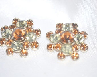 Vintage 1960s Era Topaz with Gray Rhinestone Clip Back Earrings