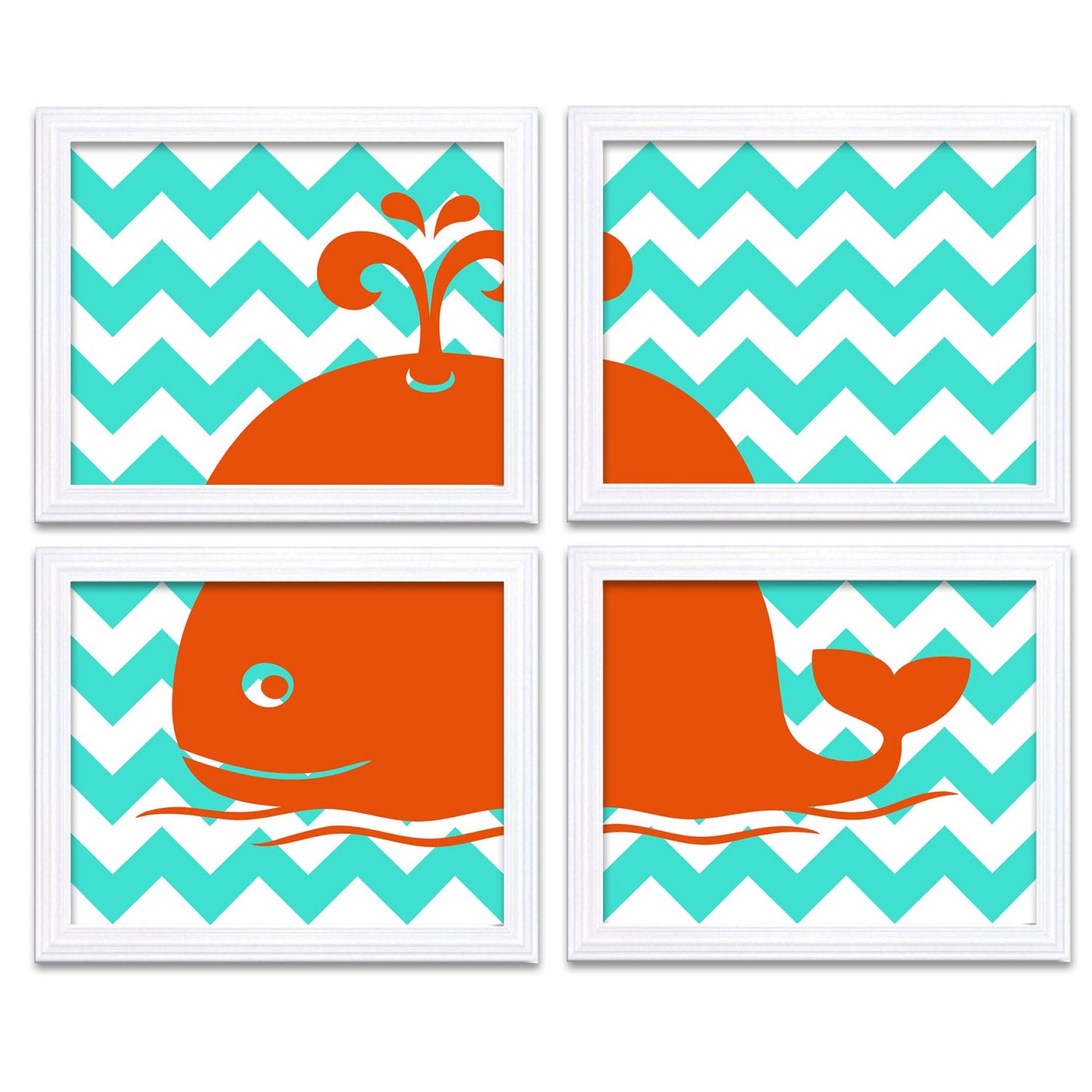 Blue Turquoise Orange Whale Nursery Art Set of 4 Prints Chevron Child Art Kids Room Wall Decor Baby 