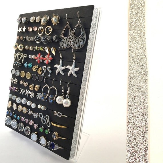 Stud Earring Holder Silver Glitter Ribbon Earring