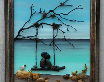 Pebble Art, Rock Art, Pebble Art Couple, Rock Art Couple,swing by ocean, anniversary,vacation, honeymoon,"open" 8.5x11 frame (FREE SHIPPING)