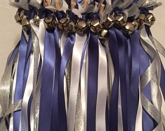 50 Wedding Wands/Wedding Ribbon Wands/Wedding Wand/Wedding Streamers/Navy and Silver Grey and Silver Metallic