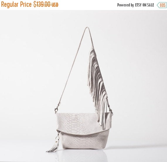 White Leather Clutch Leather fringed purse Evening bag by MeitaLev