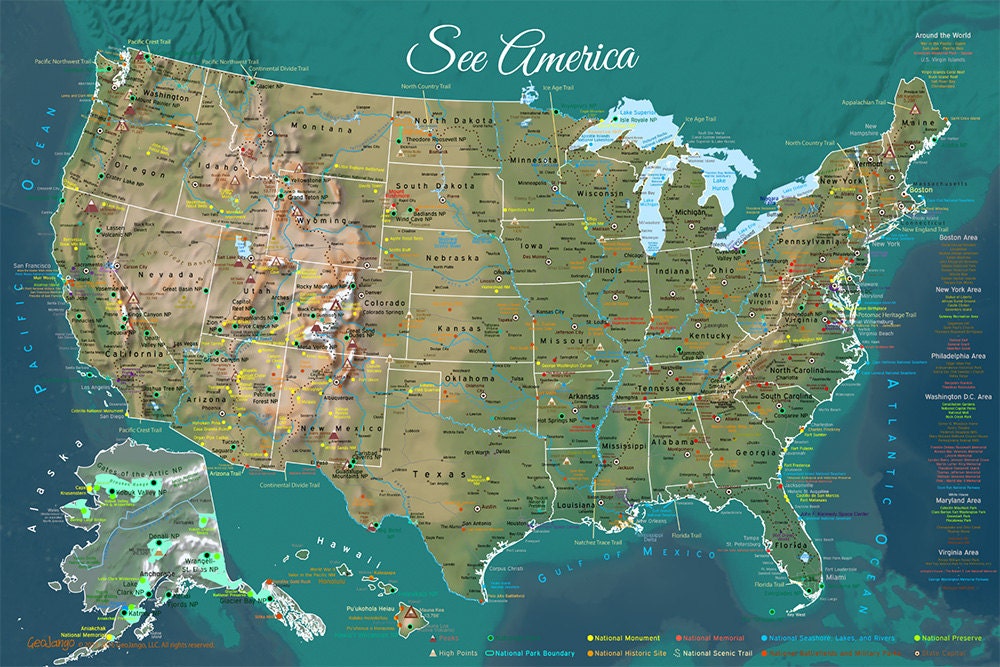 USA Map & National Parks Map Terrain Edition Framed by Artalytics