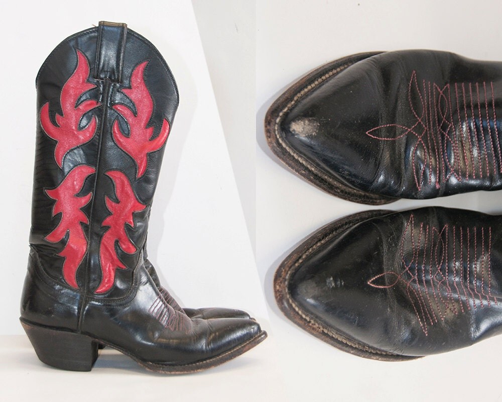 Red and Black Leather Justin Boots 6.5 7 Womens 90s Unique