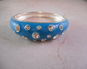 Clamper Bracelet Blue Enamel with Clear Rhinestones
