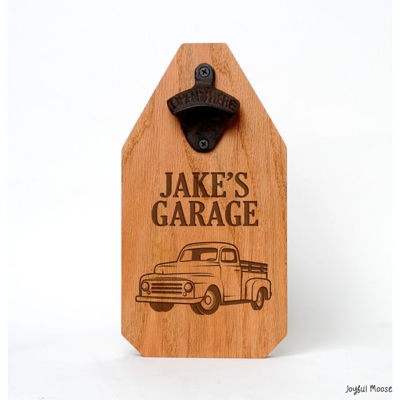 Personalized Garage Sign - Father's Day Custom Wood Sign - Rustic Old Truck Beer Bottle Opener