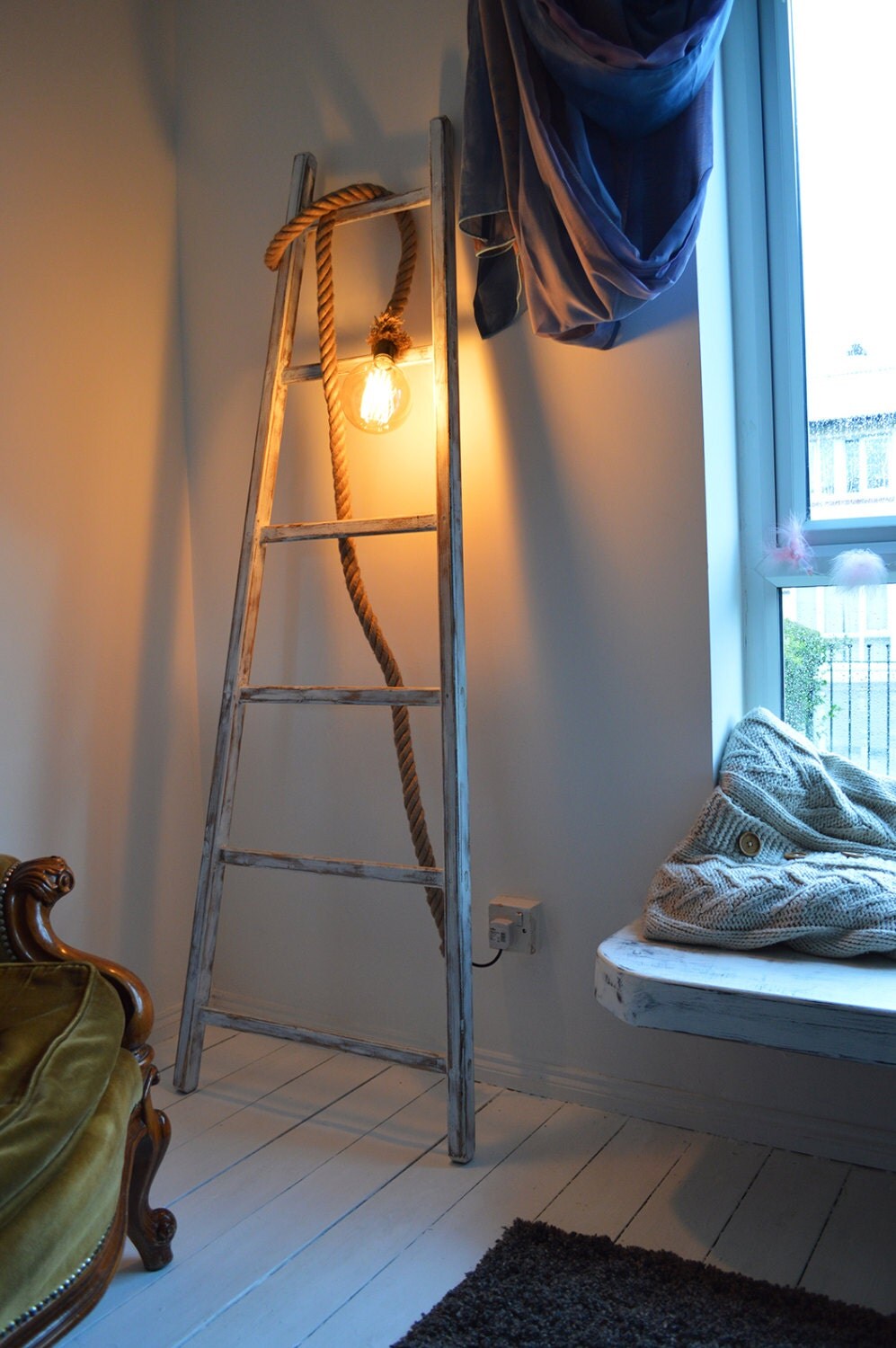 Vintage HandMade Lamp Standing Lamp Ladder Rope Modern Inside