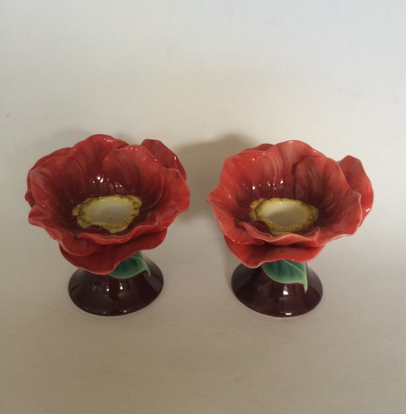 Pair Franz Porcelain POPPY CANDLE HOLDERS Red Poppy Candle