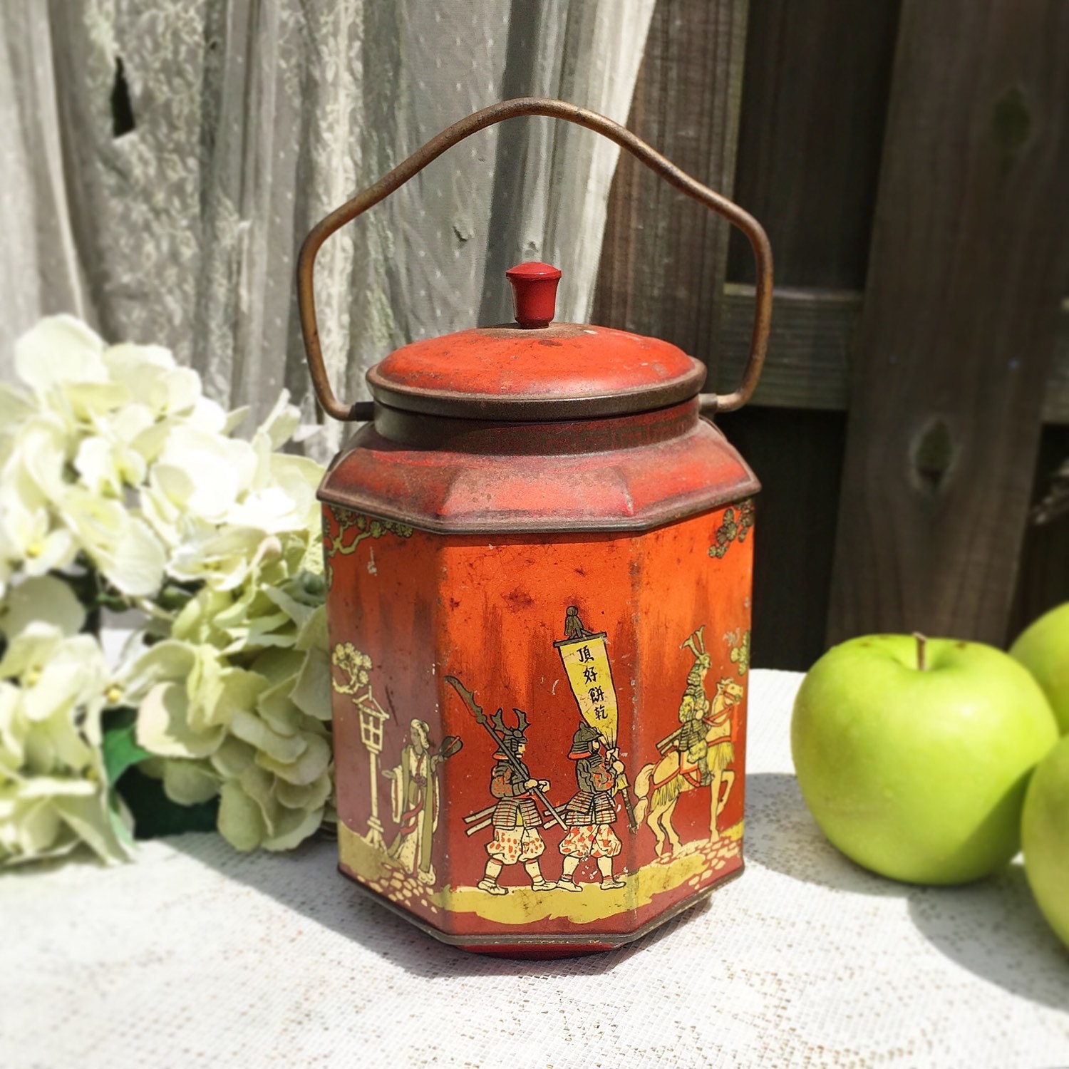 Antique Art Deco Japanese Biscuit Jar Tin Litho Box, Peek Frean, Geisha