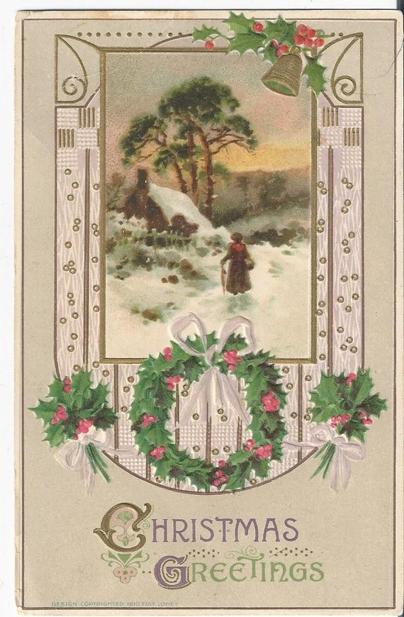Beautiful 1910 Christmas Greetings Embossed Postcard