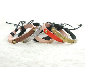 Personalized Leather Bracelet, Free Engrave Name, Custom Leather Bracelet, Leather Stamped Bracelet, Sliding Knot