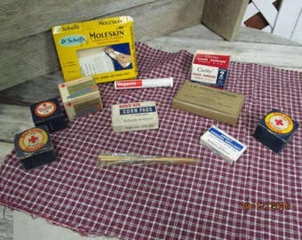 Vintage Assortment First Aid Kit Medical Supplies Lot - Johnson & Johnson Curity Red Cross Bandage Compresses Ammonia Stage Props
