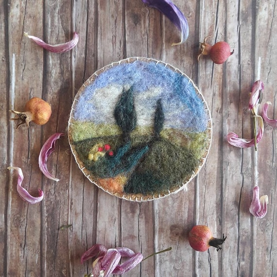 Spring wedding favors - romantic wool painting - Tuscan landscape - needle felted painting - Waldorf home decor - gift for romantic women