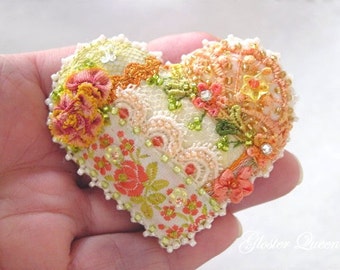 Crazy quilt heart pin, with adorable vintage trims, ombre ribbon roses and Swarovski crystals