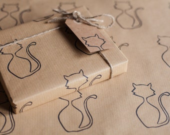 Handprinted cat wrapping paper including 1 piece gift wrap, 2 x gift tags & twine.