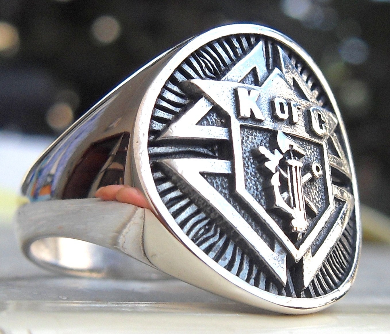 Heavy 3D Knights of Columbus Ring Solid Sterling Silver 925