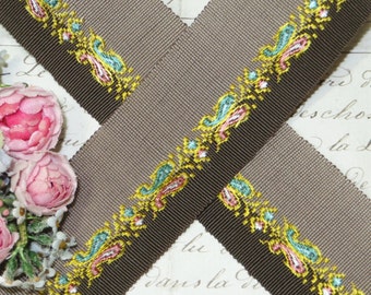 1 3/8" TAUPE BROWN GROSGRAIN Floral Flower Ribbon Fancy French Art Deco Cocarde Petersham Cockade Flower Art Flapper Millinery Hat