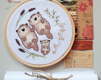 Embroidery otter - cross stitch kit, otters holding hands, pregnancy announcement, baby shower, new baby card, family tree, sewing patterns