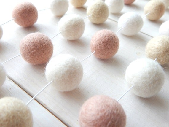 pom pom pastel garland Cream Garland, Ball Garland, Felt Pom Girl and Baby Garland, Pink Pom