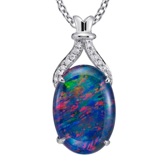 Natural Opal Pendant 18k White Gold & Genuine Diamonds 18k