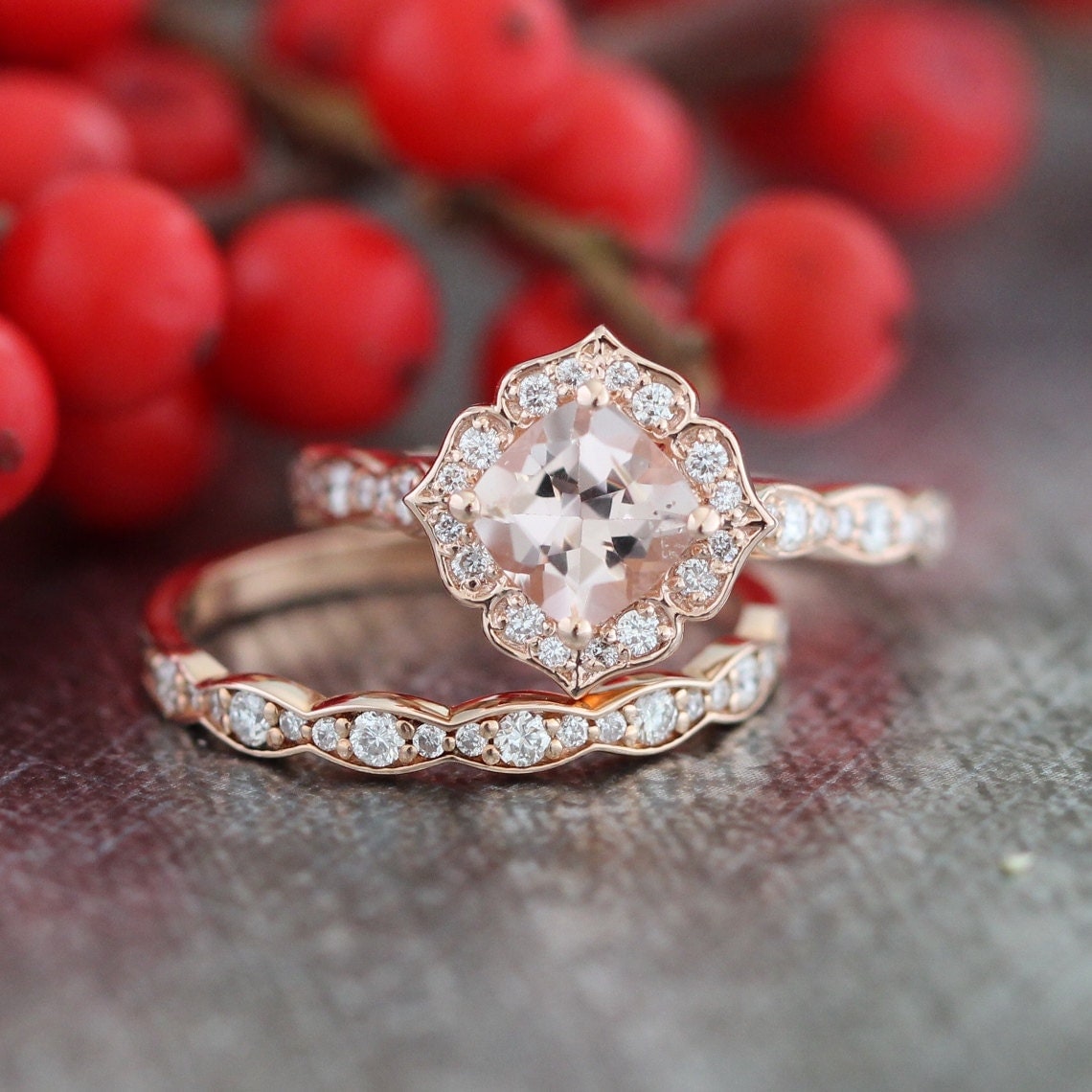Mini Vintage Floral Morganite Engagement Ring and Scalloped