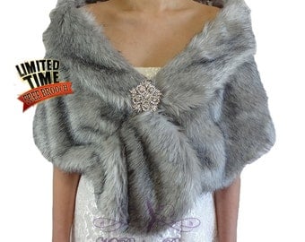 Faux Fur Stole, Grey Chinchilla Faux Fur Wrap, Bridal Shawl, Wedding Fur Stole, Bridal Wrap, Bridal Fur Shrug FS108-GREYCHIN