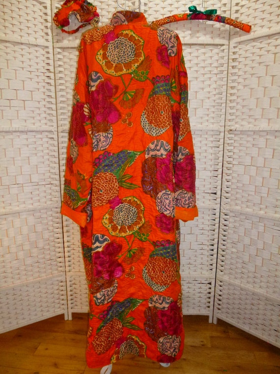 Womans kantha quilted robe. Long. Block printed Indian