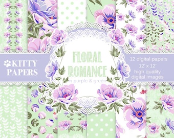 Floral digital paper "Floral Romance in Purple and Green" green and purple floral digital paper, shabby chic digital paper, decoupage paper