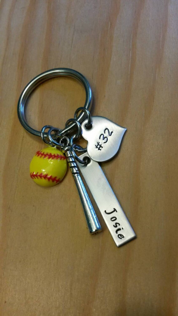 Hand Stamped Softball Keychain Bat Bag Charm Softball Keychain