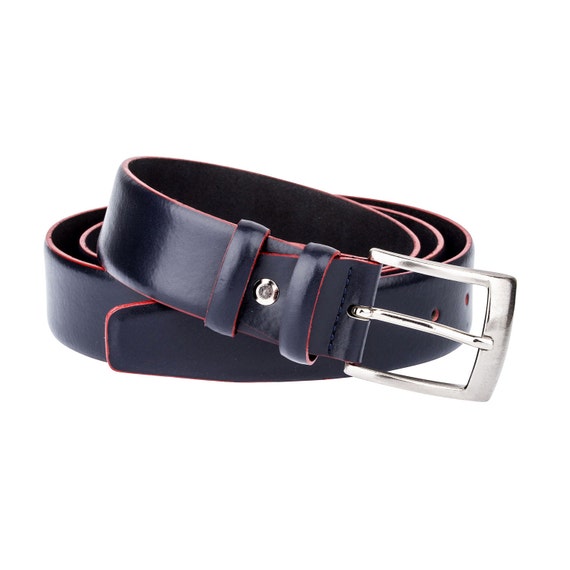 Men&#39;s belts online Italian leather belt Blue with RED