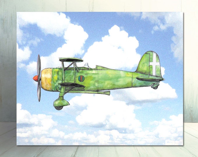 Airplane in clouds decor Nursery print Green airplane flying in blue sky Aircraft watercolor Vintage airplane Aviation Boys nursery wall art