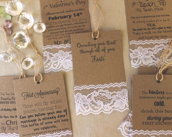 Wine Tags, Wedding Milestones, printed tags, poem, shower, gift, Marriage firsts, bride, groom, shabby chic, lace, Set of hanging tags