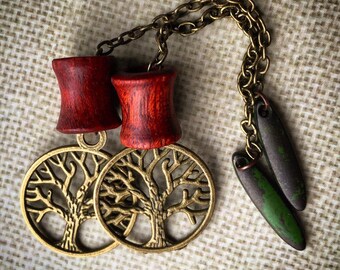 Magnetic Bloodwood Tunnels with Tree of Life Dangles-Size 2g(6mm) 0g(8mm)Wood Ear Gages &Tunnels/Stretchers/Wood Plug Gauges/Eyelets/Organic