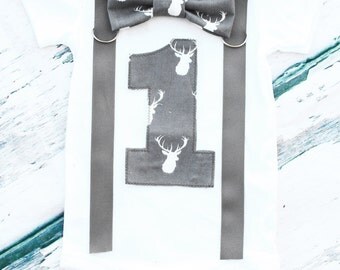 Baby Boy Hunting Theme Bow tie and Suspenders set, Boy Cake Smash, Boy first year outfit, Boy number 1, Boy first birthday, Boy buck onesie