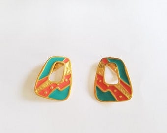 Vintage Abstract Clip On Earrings in Peach and Teal Colors