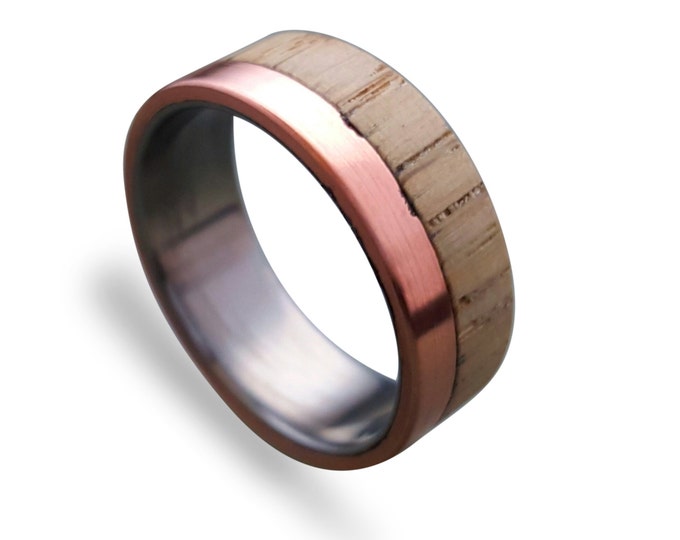 Titanium ring with Copper and Beech wood, Mens Titanium Wedding band