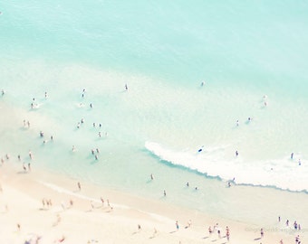 Beach photography, large art, aerial beach photo, dreamy pastel blue sea, ocean, people beach art, coastal wall decor, home decor, wall art