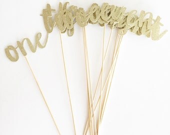 Brush Script Gold or Silver Glitter Table Numbers for Wedding or Special Event.