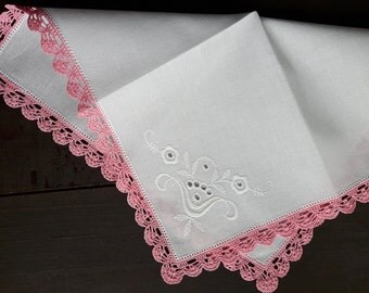 White cotton handkerchief with crocheted border