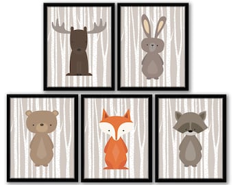 Woodland Nursery Art, Woodland Nursery Decor, Forest Animal Art, Birch Tree Forest Animals Fox Moose Raccoon Rabbit Bear, Fox Nursery Art