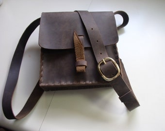 CSherwoodLeather Dark Chocolate Brown Handmade Leather Purse, Handbag, Rustic Small Messenger Bag, with Brass Buckle
