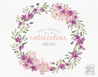 Watercolor wreath: floral wreath clipart / Wedding invitation clip art / commercial use / purple lilac pink blossom berries / CM0063f-purple