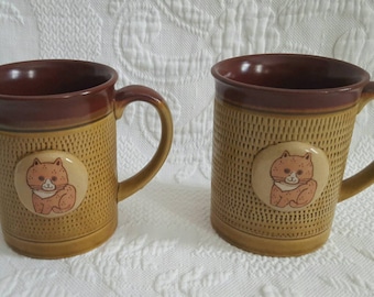 Vintage set of two stoneware CAT MUGS