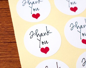 Thank you sticker with red heart white glossy paper sticker 60pcs