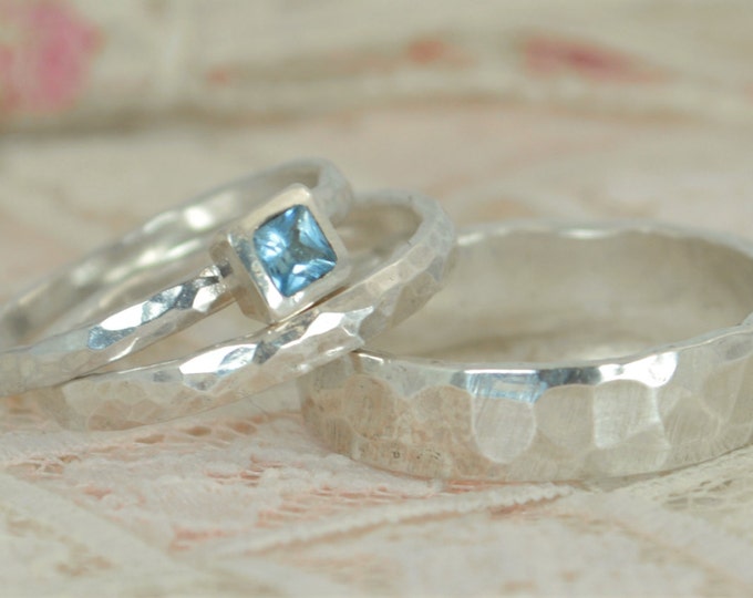 Square Aquamarine Engagement Ring, Sterling Silver, Aquamarine Wedding Ring Set, Rustic Wedding Ring Set, March Birthstone, Aquamarine