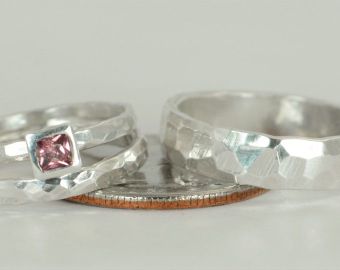 Square Alexandrite Engagement Ring, Sterling Silver, Alexandrite Wedding Ring Set, Rustic Wedding Ring Set, June Birthstone, Alexandrite