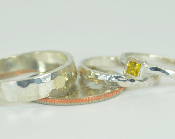Square Topaz Engagement Ring, 14k White Gold, Topaz Wedding Ring Set, Rustic Wedding Ring Set, November Birthstone, Solid Gold, Topaz Ring
