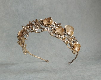 Gold Floral Hair Wreath, Gold Vine Tiara, Wedding Hair Accessories, Bridal Hair Wreath Woodland Crown, Gold Wedding Hair Wreath Headband
