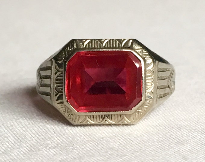 Storewide 25% Off SALE Antique Ostby & Barton 10k White Gold Maltese Cross Art Deco Ruby Ring Featuring Inscribed Classical Designs